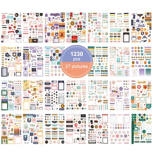 EMAGEREN Planer Stickers 27 Blätter/1230+ Bullet Journal Sticker Sticker zum Basteln Planner Aufkleber Scrapbook Stickers Aufkleber Set für Monate, Arbeit Planung Budget und Planer, Schreibbar von EMAGEREN