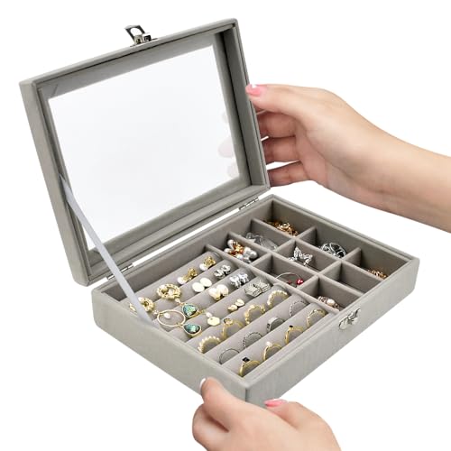 EMAGEREN Schmuckkästchen Schmuckschatulle Schmuckaufbewahrung Damen Frauen Geschenk Schmuckkoffer Schmuckbox Schmuckkasten, Frauen Geschenkidee, Jewelry Organizer für Ringe Ohrringe Armbänder, Grau von EMAGEREN