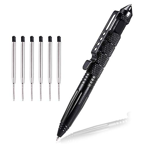 EMAGEREN Tactical Pen Outdoor Selbstverteidigungs Stift mit 5 Tinten Nachfüllpackungen Taktischer Kugelschreiber Wolframstahl Glasbrecher Stift für Schreiben, Emergent Tool und Geschenk Schwarz von EMAGEREN