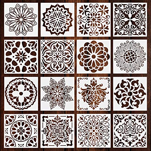 EMAGREN 16 Stk Malschablonen Wand Schablonen PET Wandschablonen 15x15cm Zeichnen Schablone Mandala Painting Stencils Malerei Vorlagen Weiß Bastelschablone Zeichenschablonen Schablonen Set für DIY von EMAGEREN