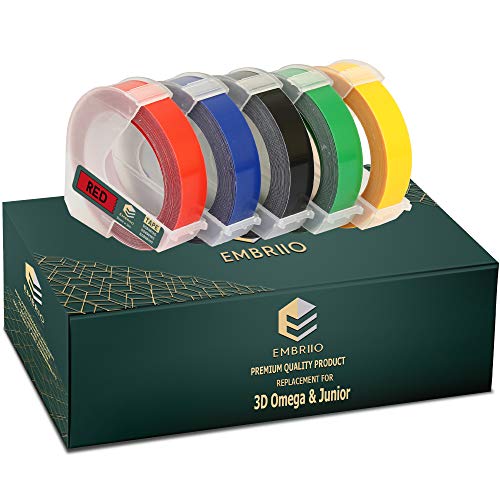 EMBRIIO | 5 Kassetten Etiketten 3D Prägeband Schriftband Ersatz für Junior S0717900 Omega S0717930 Motex | Weiß auf Rot/Blau/Schwarz/Grün/Gelb | 9 mm x 3 m | Selbstklebende | Kunststoff von EMBRIIO