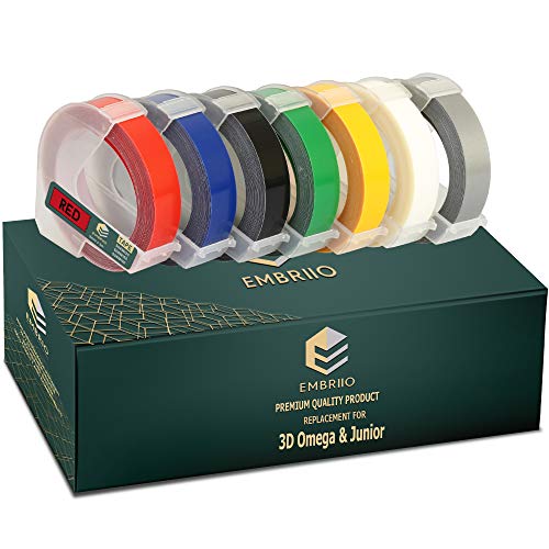 EMBRIIO | 7 Kassetten Etiketten 3D Prägeband Schriftband Ersatz für Junior S0717900 Omega S0717930 Motex | Weiß auf Rot/Blau/Schwarz/Grün/Gelb/Transparent/Silber | 9 mm x 3 m | Selbstklebende von EMBRIIO