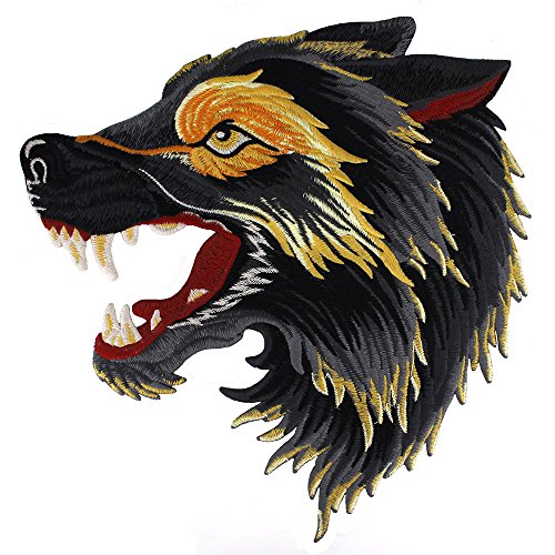 EMDOMO 1 Stück Mode Stickerei Wolf Kopf Applique Stoff Patches für Jeans Jacke Rucksack Abzeichen DIY Nähen Bekleidung Supplies (Gelb Grau) von EMDOMO