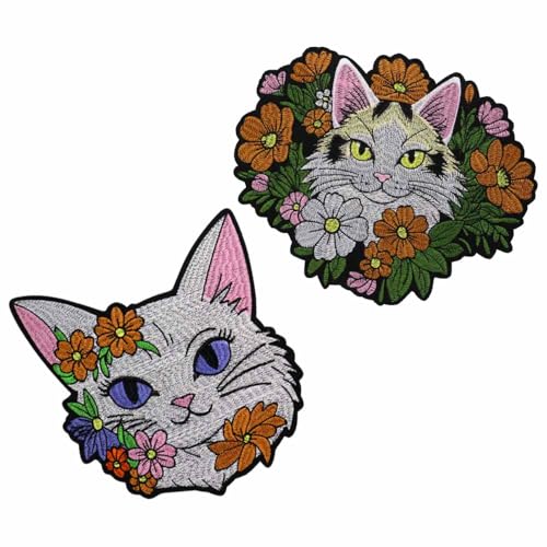 Aufnäher zum Aufbügeln, niedliche Katze, Blumen-Emblem, Applikation, Reparatur, DIY, Kleidung, Zubehör (C Mix 2 Stück) von EMDOMO