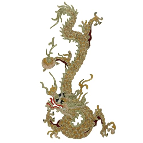 Chinesischer Drache zum Aufnähen auf Emblem, goldfarben, blauer Drache, bestickt, für selbstgemachte Kostüme, Jeans, Jacken, Taschen (Gold, 1 Stück) von EMDOMO