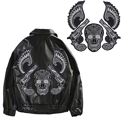 EMDOMO Große Totenkopf-Aufnäher, Flügel-Stickerei, Aufkleber für Punk-Jacke, zum Aufbügeln, 1 Set von EMDOMO