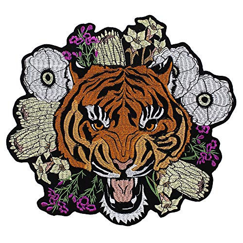 Stickerei Brüllender Tigerkopf Patches Blumen Stoff Rückenaufnäher Motiv Applikation Bügelbilder für Kleidung Jacke 1 Stück von EMDOMO