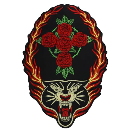 Große Stickerei-Leoparden-Patches, rote Rose, Feuer-Leoparden-Stickerei, Emblem, Reparatur-Abzeichen, Punk, Bügelapplikation, Blumen-Aufkleber von EMDOMO