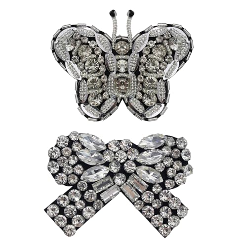 Strass-Schmetterling-Flicken zum Aufnähen auf Perlen, Schmetterlingsschleife, Knoten-Applikationen, Bekleidungsschleife, Reparaturflicken für Kleidung, DIY, Handwerk, 2 Stück (Mix 2 Stück) von EMDOMO