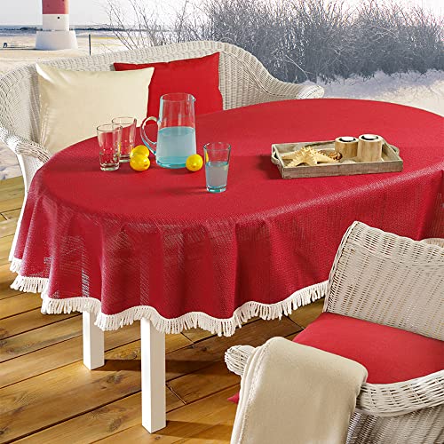 EMHELLE Gartentischdecke Garten Balkon Terrasse Tischdecke Camping Picknick Rund Oval Eckig Außen und Innenbereich Rutschhemmende Oberfläche mit weißen Fransen (150 x 210 cm Oval, Rot) von EMHELLE