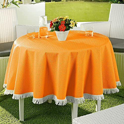 EMHELLE Gartentischdecke Garten Balkon Terrasse Tischdecke Camping Picknick Rund Oval Eckig Außen und Innenbereich Rutschhemmende Oberfläche mit weißen Fransen (130 cm Rund, Orange) von EMHELLE