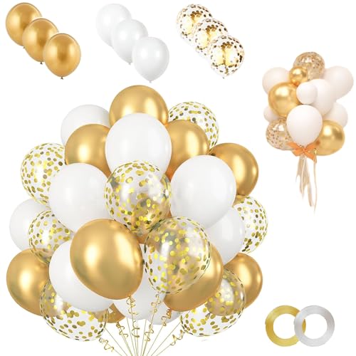 60 Stück Weiß Golden Ballons Konfetti,Metallisches Gold Luftballons Set,12 Zoll Metall Gold Latex Ballons, Metallic Gold Luftballon mit Bändern, für Geburtstag, Hochzeit, Graduierung, Party Dekoration von EMHTHME