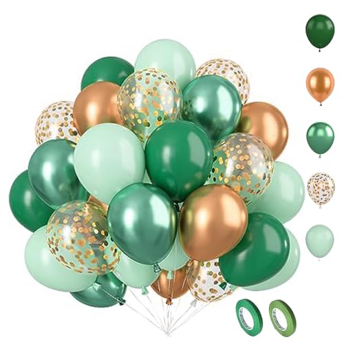 70 Pcs Grün Gold Luftballons, Gold Weiß Ballons, Grün Gold Weiß Luftballons Set, Gold Konfetti Latex Luftballons, für Geburtstag Hochzeit Babyparty Safari Jubiläum Party Deko von EMHTHME