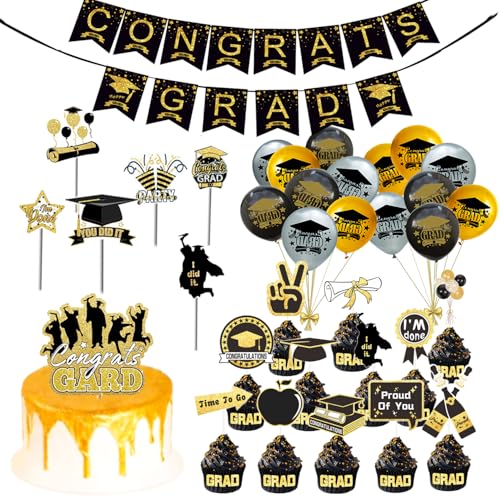 Abschlussfeier Party Dekoration Set, 35 Pcs Abschluss Dekorationen, Abschlussfeier Luftballons, Schwarz Gold Graduation Deko, Deko set für die Abi-Feier/Schu18l Abschluss/Dekoration Aula von EMHTHME