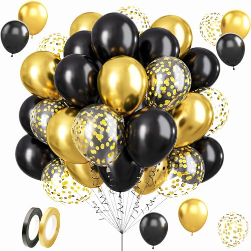 Luftballons Metallic Gold Schwarz Ballons, 60 Stück Schwarz Metallic Gold Konfetti Luftballons, Golden Konfetti Helium Balloons,12 Zoll Gold Schwarze Party Luftballons, für Abschlussfeier, Party Deko von EMHTHME