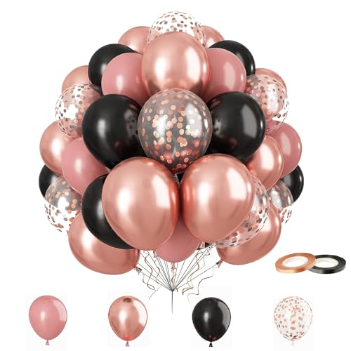 Roségold Schwarz Luftballons, 60 Stück Schwarz Metallic Rosegold Latex Luftballons mit Konfetti Ballons, für Mädchen Geburtstag Baby Shower Verlobung Jubiläum Hochzeit Braut Dusche Graduierung Deko von EMHTHME