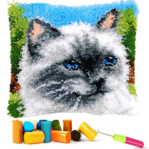 EMISTEM Knüpfhaken-Sets für Erwachsene – Knüpfhaken-Kissen-Sets für Kinder, Häkelgarn-Set für Anfänger, DIY-Handarbeiten, Geschenkverpackung. (Blaue Augen Katze, 43.2x43.2 cm) von EMISTEM