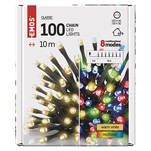 EMOS LED-Lichterkette Warmweiß + Multicolor für Innen und Außen, 8 Lichtmodi, 10m lange IP44 Weihnachtslichterkette mit 100 LEDs + 5m Zuleitung und Netzteil, für Party, Weihnachten, Deko von EMOS