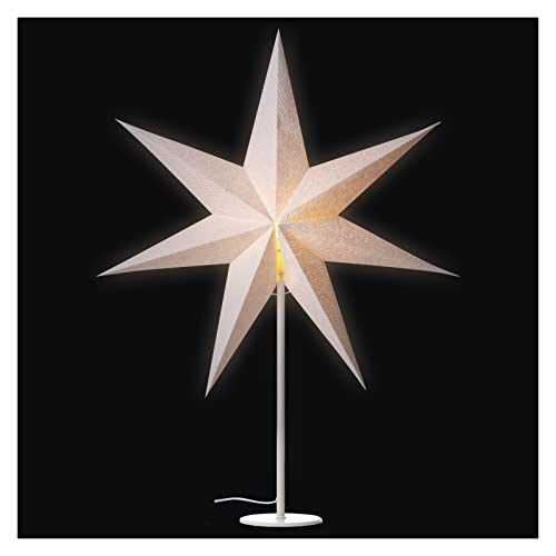 EMOS weiße Papier-Tischlampe mit Sternmotiv mit E14 Fassung, Weihnachtsstern mit 1,6m Netzkabel, Papierstern mit Metall-Fuß, für LED-Lampe bis 25W, 67x45 cm, IP20 Innenbereich, zum Aufstellen, DCAZ06 von EMOS