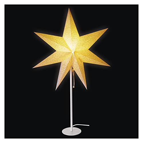 EMOS weiße Stern-Tischlampe mit silberner Verzierung, E14 Fassung, Weihnachtsstern mit 1,6m Netzkabel, Papierstern mit Metall-Fuß, für LED-Lampe bis 25W, 67x45 cm, IP20 Innenbereich, zum Aufstellen von EMOS