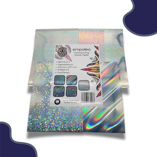 EMPOLEO Holographische Folie A4 10 Blatt Mix Pack Sticker Papier Holographische selbstklebende Folie DIY Bedruckbares Vinyl Bastel Aufkleber Holo Tintenstrahl- Laser-Drucker von EMPOLEO