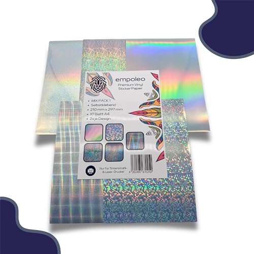 EMPOLEO Holographische Folie A4 10 Blatt Mix Pack Sticker Papier Holographische selbstklebende Folie DIY Bedruckbares Vinyl Bastel Aufkleber Holo Tintenstrahl- Laser-Drucker von EMPOLEO