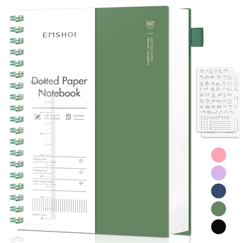 EMSHOI B5 Notizblock, Bullet Dotted Journal, Spiral-Notizbücher 300 Seiten/150 Blatt, 100 gsm Punktrasterpapier, PVC Hardcover, für Damen, Herren, Büro, Schule, Schreiben, 19 x 25 cm - Tintengrün von EMSHOI