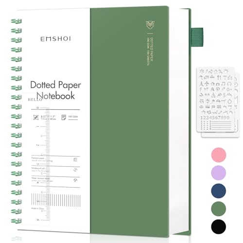 EMSHOI Notizbuch A4 Gepunktetes, Bullet Dotted Journal, Notizblock 300 Seiten/150 Blatt, 100 gsm Punktrasterpapier, PVC Hardcover, für Damen, Herren, Büro, Schule, Schreiben, 21.5 x 27.9 cm-Tintengrün von EMSHOI