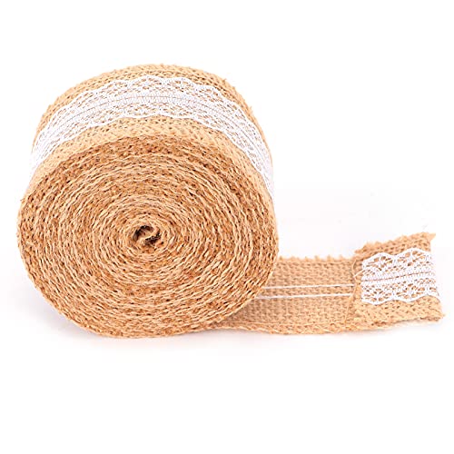 EMUKOEP Sackleinenband mit Weißer Spitze, Juterolle für DIY-Dekoration, Geschenkverpackung, 5 Yards (5 cm gezahnte Spitze) von EMUKOEP