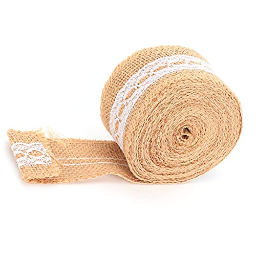 EMUKOEP Sackleinenband mit Weißer Spitze, Juterolle für DIY-Dekoration, Geschenkverpackung, 5 Yards (5 cm mittlere Ösenspitze) von EMUKOEP