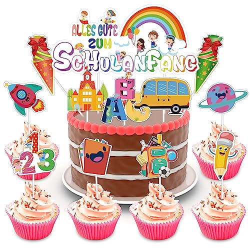 24 Stück Schulanfang Tortendeko bunt Schulanfang Cupcake Topper Einschulung Cupcake Topper Set für Junge Mädchen 1. Schultag Schulanfang Party Deko von ENAIAH