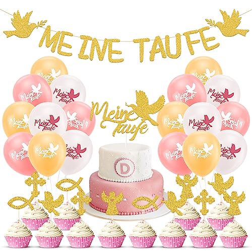 Taufe Deko Meine Taufe Girlande Deko Banner Gold Glitzer Taufe Banner und 18 Pcs Taufe Luftballons Taufe Dekoration für Junge und Mädchen Tauf usw von ENAIAH