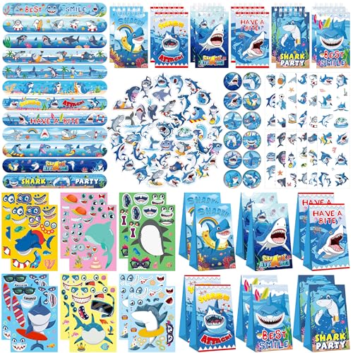 114PCS Shark Party Gefälligkeiten Set-12PCS Shark Armbänder Armbänder 54PCS Shark Aufkleber 12PCS Shark Favor Tasche 12PCS Shark Tattoo Aufkleber 12PCS Shark Notepad 12PCS Shark Button Pins für Ozeanh von ENCETARDE