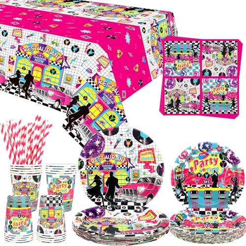 50er Jahre Party Supplies 50er Jahre Rock and Roll Party Geschirr Dinner Teller Desserts Teller Tassen Servietten Tischdecke Strohhalme für Rock and Roll Musik Retro Party Supplies, serviert 20 von ENCETARDE