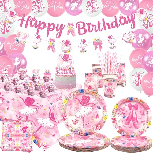 Ballerina Geburtstag Party Dekoration, Ballett Party Zubehör, Teller Tassen Servietten Tischdecke Alles Gute zum Geburtstag Banner Balloons Kuchen Toppers für Mädchen Frauen Tanz Ballerina Party von ENCETARDE