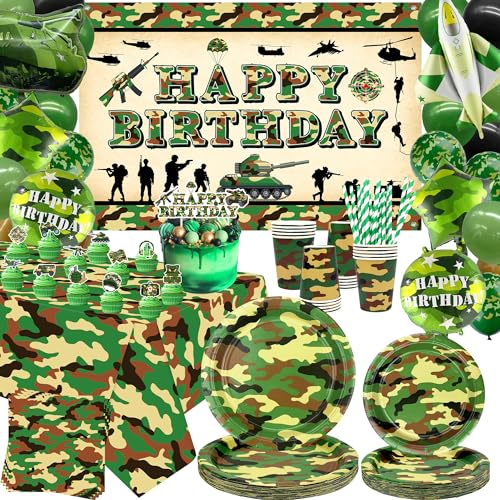 Camouflage-Geburtstagsparty-Zubehör, Armee-Party-Dekoration, Teller, Becher, Servietten, Camouflage-Tischdecke, Happy Birthday-Hintergrund, Luftballons für Jungen, Camouflage, Jagd, von ENCETARDE