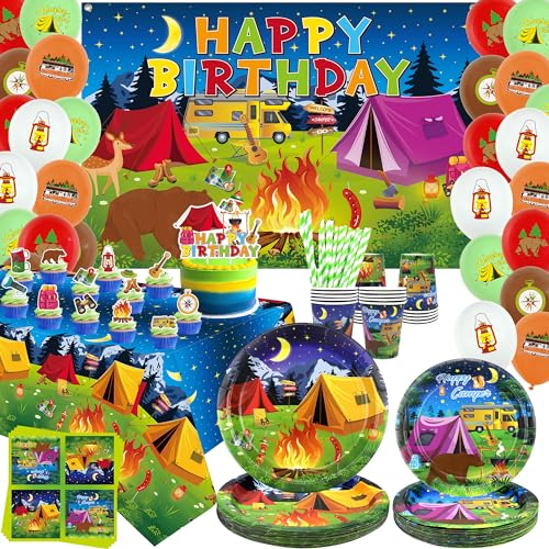 Camping Geburtstag Party Dekoration, Camping Party Geschirr, Teller Becher Servietten Camping Tischdecke Happy Birthday Hintergrund Luftballons Kuchen Topper für Junge Camper Abenteuer Lagerfeuer von ENCETARDE