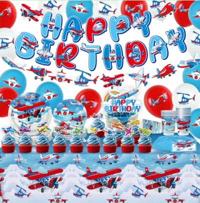 Luftfahrzeuge Geburtstag Party Dekorationen für Flugzeug Party Zubehör, Teller Tassen Servietten Tischdecke Alles Gute zum Geburtstag Banner Ballon Kuchen Toppers für Flugzeug Theme Party von ENCETARDE