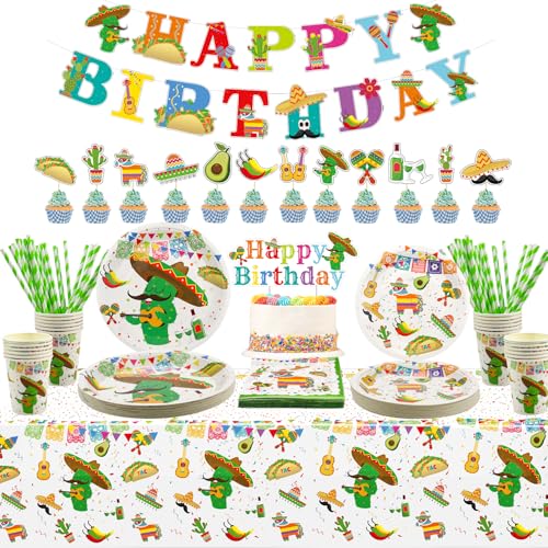 Mexikanische Geburtstagsparty Dekoration, Fiesta Party Zubehör, Teller Tassen Servietten Tischdecke Happy Birthday Banner Kuchen Toppers für mexikanische Fiesta Geschirr Set, serviert 24 von ENCETARDE