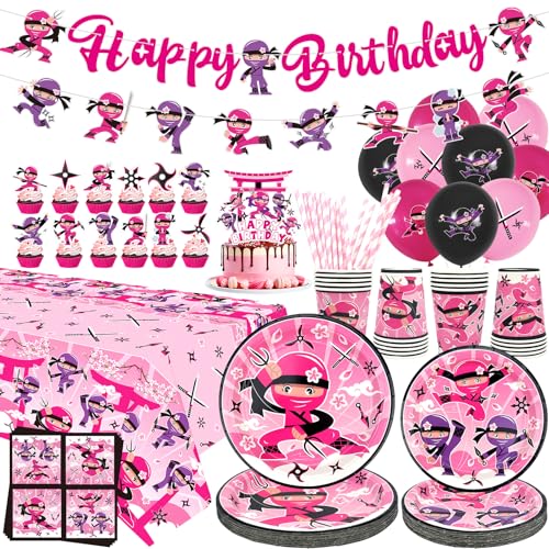 Ninja Mädchen Geburtstag Party Dekoration, Ninja Mädchen Party Zubehör, Teller Tassen Servietten Ninja Mädchen Tischdecke Alles Gute zum Geburtstag Banner Balloons Kuchen Toppers für Ninja Mädchen von ENCETARDE