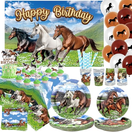 Pferde-Geburtstagsparty-Dekoration, Pferde-Partyzubehör, Teller, Becher, Servietten, Tischdecke, Happy Birthday, Hintergrund, Luftballons, Kuchenaufsätze für Cowboy, Pferd, Western-Cowboy, Jungen, von ENCETARDE