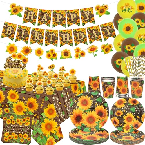 Sonnenblume Geburtstag Party Dekoration Sonnenblume Party Geschirr Teller Becher Servietten Tischdecke Happy Birthday Banner Luftballons Kuchen Topper für Wildblume Blume Party Supplies von ENCETARDE