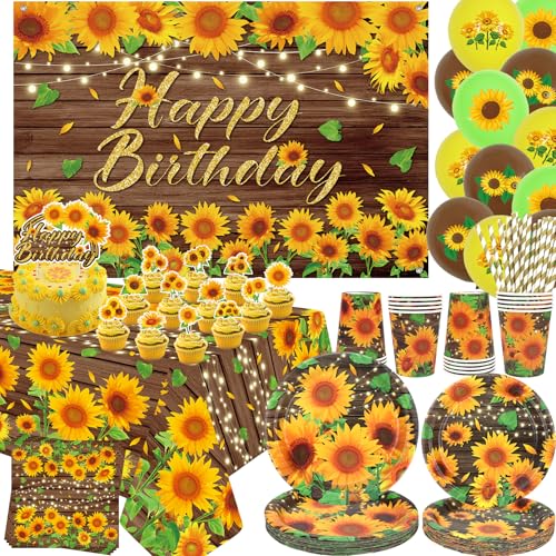 Sonnenblume Geburtstag Party Dekoration Sonnenblume Party Geschirr Teller Tassen Servietten Tischdecke Happy Birthday Hintergrund Luftballons Kuchen Topper für Wildblume Blume Party Supplies von ENCETARDE