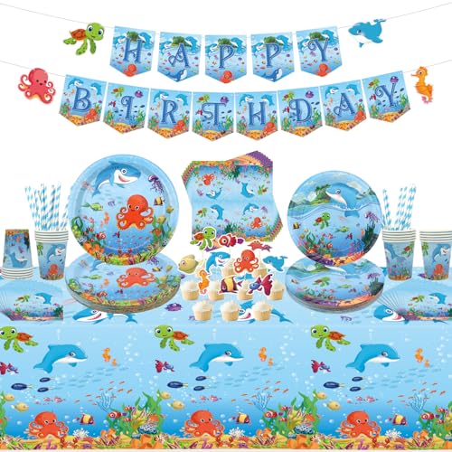 Unter dem Meer Geburtstag Party Dekoration, unter dem Meer Party Zubehör, Teller Tassen Servietten Tischdecke Happy Birthday Banner Kuchen Toppers für Unterwasser Welt Geburtstag Party Dekorationen von ENCETARDE