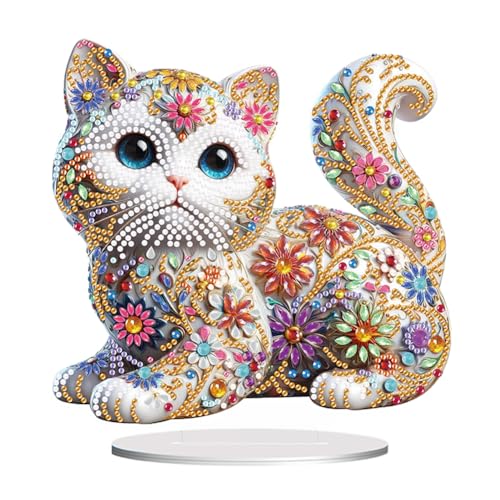 ENCOMAG 5D Diamond Painting Katze Deko,Diamant Malerei Bilder Kit Katze Tisch Dekoration,Handwerk Applique Mosaik Dekoration,DIY Diamant Malerei Geschenk dekorationen für Home Office Desktop von ENCOMAG