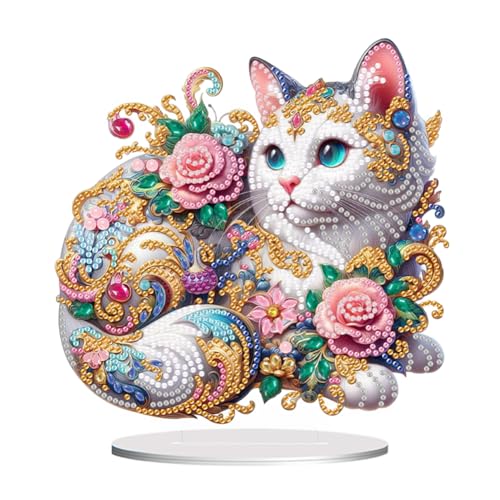 ENCOMAG 5D Diamond Painting Katze Deko,Diamant Malerei Bilder Kit Katze Tisch Dekoration,Handwerk Applique Mosaik Dekoration,DIY Diamant Malerei Geschenk dekorationen für Home Office Desktop von ENCOMAG