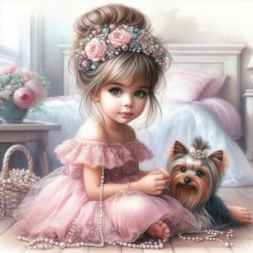 ENCOMAG 5D Diamond Painting Mädchen und Welpe Diamant Painting Bilder Hund Diamond Art Erwachsene Yorkie Full DIY Diamant Kunst Malerei Stickerei Kreuzstich Bilder Home Wand Dekor 30x30cm von ENCOMAG