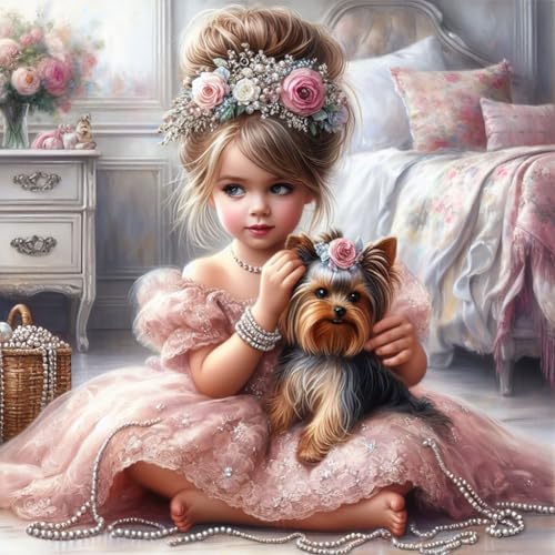 ENCOMAG 5D Diamond Painting Mädchen und Welpe Diamant Painting Bilder Hund Diamond Art Erwachsene Yorkie Full DIY Diamant Kunst Malerei Stickerei Kreuzstich Bilder Home Wand Dekor 30x30cm von ENCOMAG