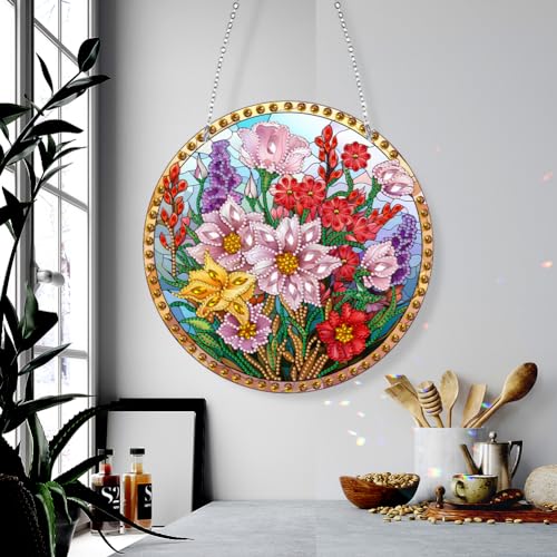 ENCOMAG DIY Diamond Painting Anhänger Buntglas Blumen Sonnenfänger 5D Diamant Painting Kranz mit Kette Hängeschild Diamant Malerei Bilder Wandbehang Kits für Fenster Wand Und Eingang Decor von ENCOMAG