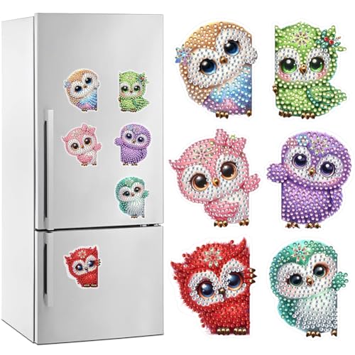 ENCOMAG Diamond Painting Kühlschrank Magnete,6 Stück Eule Diamant Painting Bastelset für Kinder Ab 6-12 Jahre,Diamant Malerei Kühlschrankmagnete für Whiteboard,Magnete Kühlschrank, Magnettafel von ENCOMAG